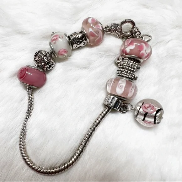 Silver & Pink Glass Bead Charm Bracelet 7-8” - Picture 6 of 10